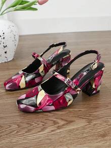XBYASDF Women's Red Multicolor Printed Backless 7cm High Heel Square Toe Chunky Heel Ankle Strap Closed Toe Sandals Fashion Commute Shoes - Red - View 5