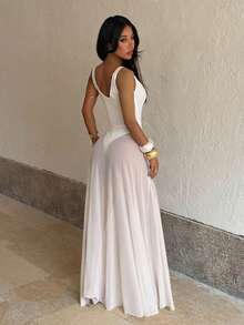 Vestido de playa sexy y elegante de verano con cintura ceñida y falda acampanada, adecuado para vacaciones, festivales, bodas y regreso a la escuela - Blanco - Ver 4