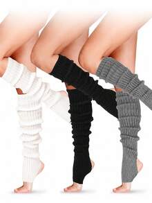 1/3 Pairs Ribbed Footed Leg Warmers, Soft Stretch Slouchy Knit Open Heel Boot Socks, Cozy Long Warmers For Lounge, Dance & Street Wear - Multicolor - View 2