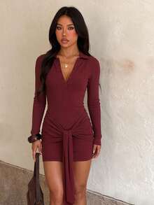 Women's Autumn Solid Color Collared Long Sleeve Front Knot Fitted Mini Dress - Burgundy - View 6
