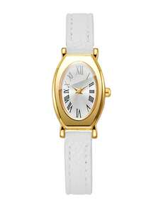 Women's Gift Watch With Embossed PU Leather Strap, Oval Roman Numeral Dial, Small Dial, Luxury Niche Wristwatch, Gift For Best Friend (1pc/Set) Watch Box Not Included - White - View 9