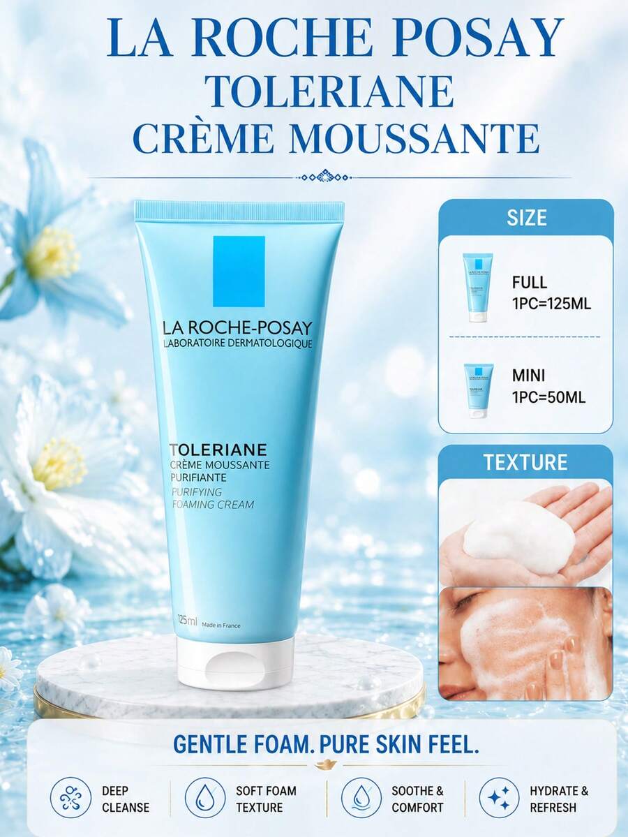 La Roche Posay La Roche-Posay Toleriane Cleansing Foam, Full Size 125ml, Sample 50ml, Deep Cleansing Makeup Removal, Soothing & Moisturizing, Daily Skincare Essential