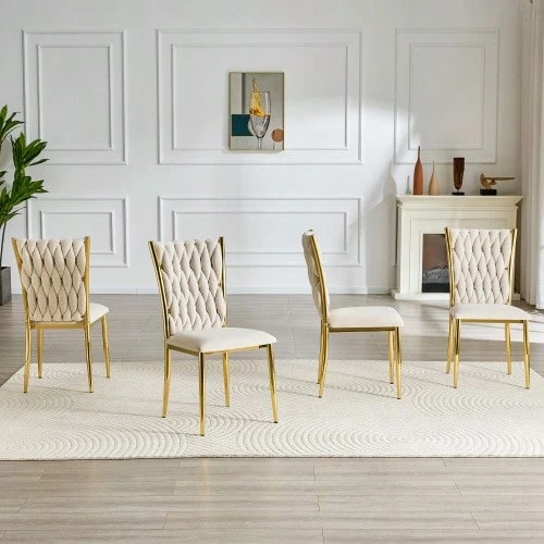Luxurious Padded Dining Chair, Beige Velvet With Hand-Woven Pattern, Gold Metal Legs, Modern Side Chair For Kitchen And Dining Area - Beige,Gold - View 1