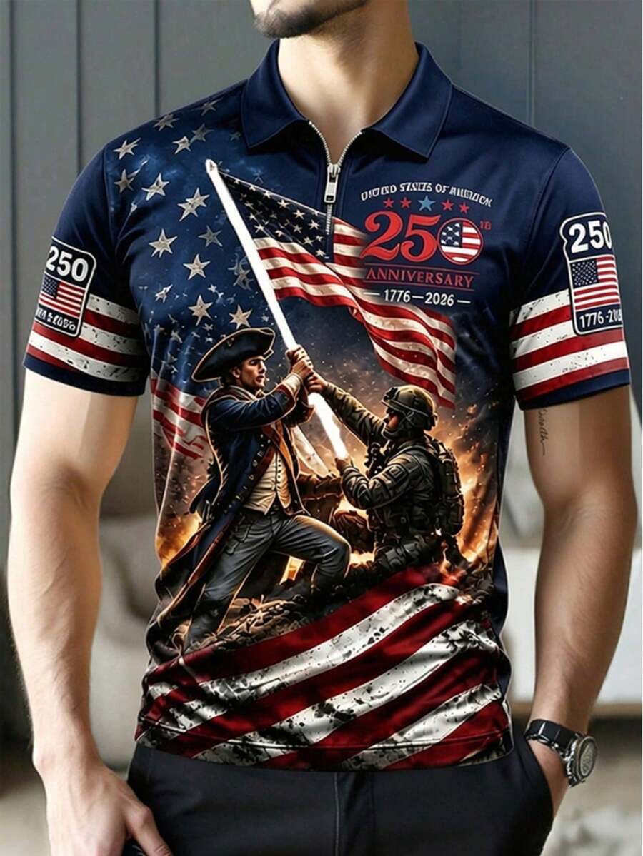 男士夏季通勤百搭舒適 USA 250週年 Liberty Memorial 印花半拉鍊 Polo 衫,日愛國風短袖上衣 - 彩色 - 查看 1
