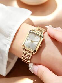 1PC Watch/6pcs Set Optional Women's Gold Vintage Watch Set, Silver Dial Rectangular Face Stainless Steel Band Minimalist Small Women's Watch, Paired With 2 Styles Open Cuff Bracelets, Water Drop Necklace, Metal Earrings, Twisted Ring, Exquisite Classic Women's Stainless Steel Full Set Hand Jewelry, Light Luxury Gentle Elegant Women's Set, Suitable For Graduation Gift As A Luxury Gift For Women - Gold - View 2