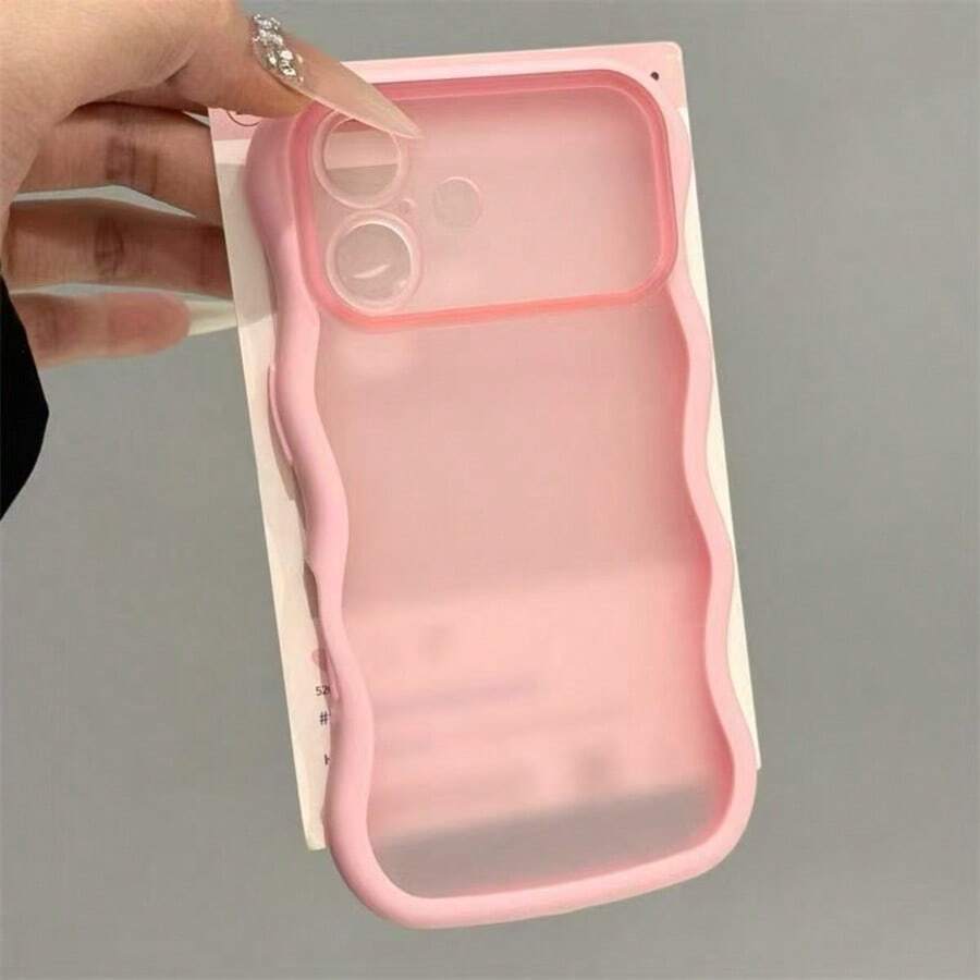 Korean Style Dopamine Wavy Edge Matte Translucent Phone Case Compatible With Apple 17 Pro Max, 16 Pro, 17, 15 Pro, 15 PM, 17 Pro, Creative Niche Premium Full Coverage Couple Case - Pink - View 1