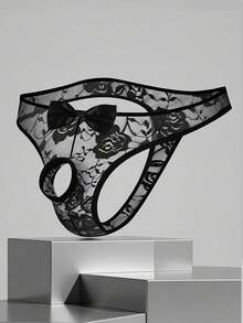 Best Seller, Bow Decor Fashion Elastic Breathable Sheer, Sexy T-Bottom Men'S Lace Sexy Thong Panties - Black - View 11