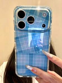 時尚不對稱格紋軟手機殼，相容 iPhone 17ProMax 17Pro 17 16ProMax 16Pro 16 15 14 13 Pro Max，鏡頭保護背蓋 - 藍色 - 查看 1