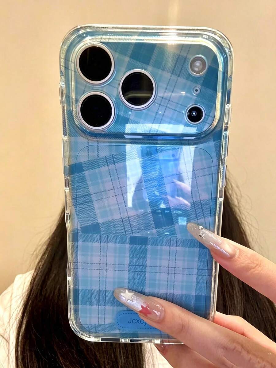 時尚不對稱格紋軟手機殼,相容 iPhone 17ProMax 17Pro 17 16ProMax 16Pro 16 15 14 13 Pro Max,鏡頭保護背蓋 - 藍色 - 查看 1