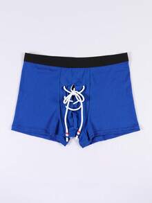 Men's Blue Sexy Front Crotch Tie Drawstring Design Boxer Briefs, Elastic Comfortable Personalized Underwear - Blue - View 2