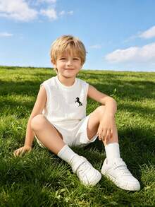 2pcs/Set Young Boy Fashionable Casual Sports Outdoor Soft & Breathable English Letter & Cartoon Horse Pattern Top & Shorts Set For Summer - White - View 5