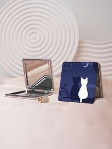 1PC Pastoral Cat Pet Series Portable Foldable Lightweight Ultra-Thin Convenient Durable PU Leather Suitable For Multiple Scenarios All People Foldable Small Square Mirror Portable Fresh Moon Heart Flower Cat Pattern Design Exquisite Delicate Foldable Structure Durable Reliable Drop-Resistant Easy To Carry Handheld 180° Flip Cover Multi-Functional Daily Holiday Birthday Valentine's Day - Multicolor - View 2