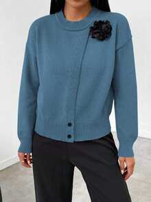 Early Autumn,Irregular Wrap Front Floral 3D Embellished DecorSplit Side Pullover Knit , Crew Neck Drop Shoulder Short Knit Outerwear,Cardigan For Wome - Blue - View 6