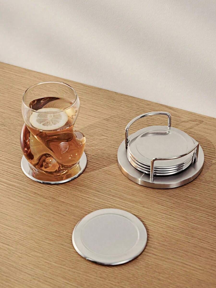 1set/7pcs Vintage Stainless Steel Coasters, Includes Coaster Holder & 6 Coasters - Multicolor - View 1