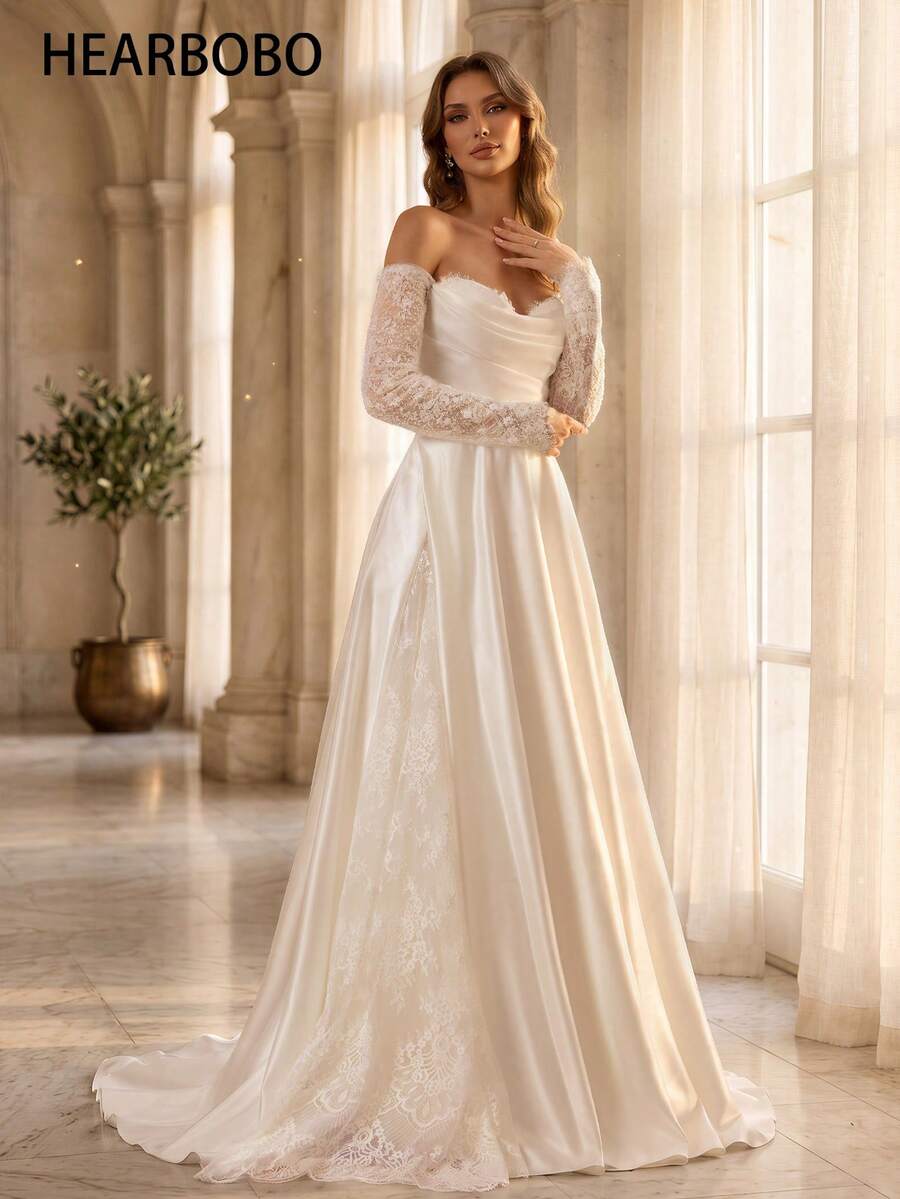 HEARBOBO Vintage Off-Shoulder Wedding Dress, Long Bridal Gown With Exquisite Lace Embroidery And Half Sleeves Fall White