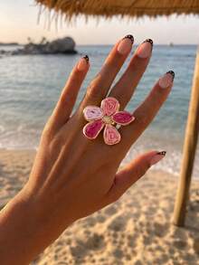 1pc Bohemian Vacation Style Raffia Flower Open Ring, Women's Commute & Travel Versatile Rose Red Jewelry - Rose Red - View 1