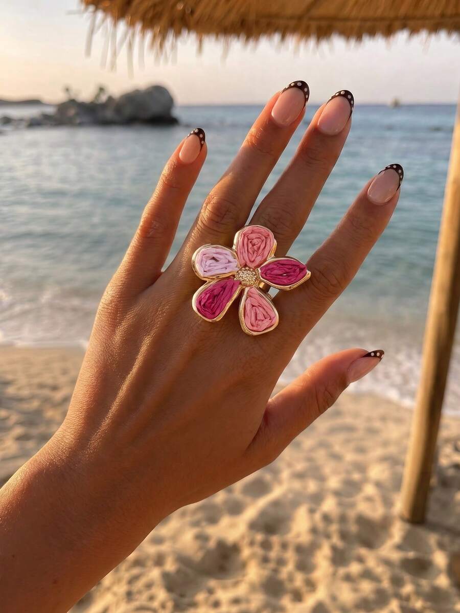 1pc Bohemian Vacation Style Raffia Flower Open Ring, Women's Commute & Travel Versatile Rose Red Jewelry - Rose Red - View 1