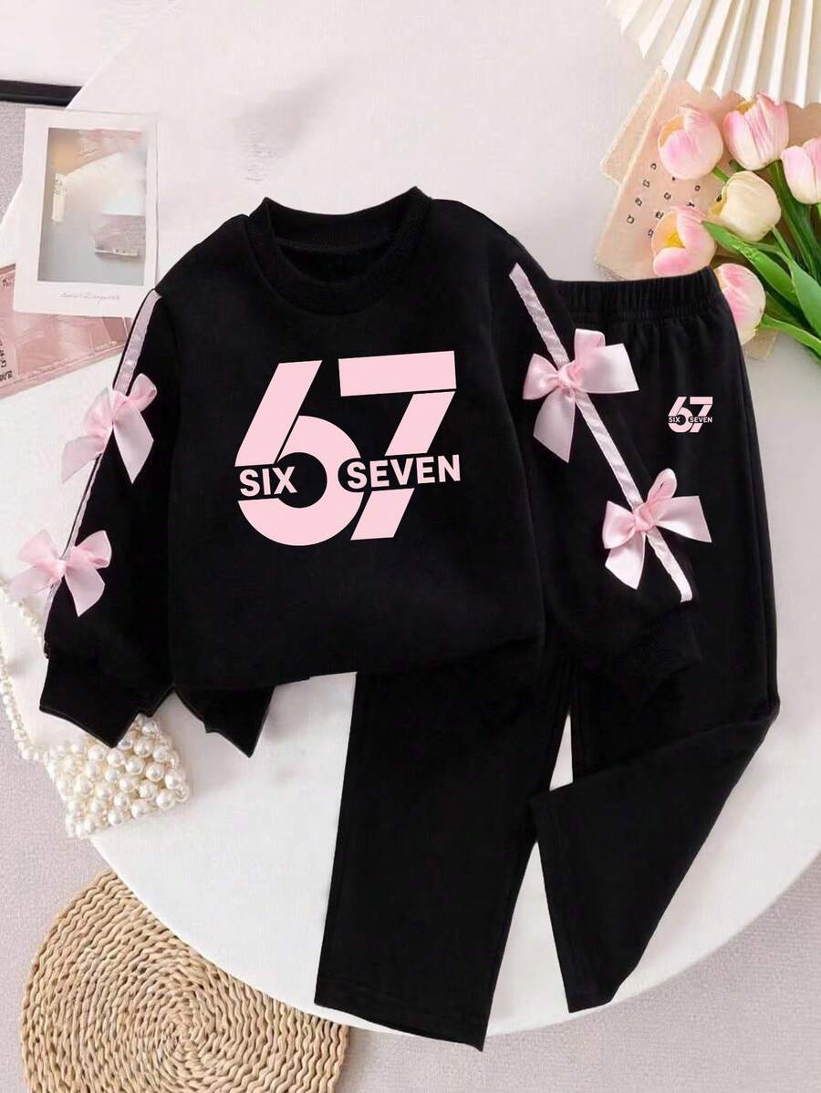 Young Girl Ribbon Bow Decor Round Neck Long Sleeve Top And Long Pants - Black - View 1