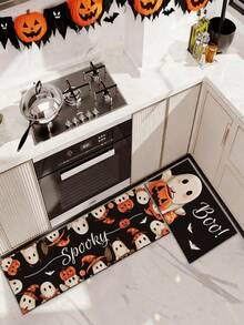 1/2pcs Halloween Cute Ghost Style Kitchen Rug And Mat, Halloween Home Decor, Non-Slip Pumpkin Floor Mat, Halloween Holiday Kitchen Carpet - Multicolor - View 2