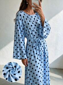 1pc Women's Polka Dot Dress, Wide Sleeves, Self-Tie Waist, Flowy French Style, Casual Commute Dress - Multicolor - View 22