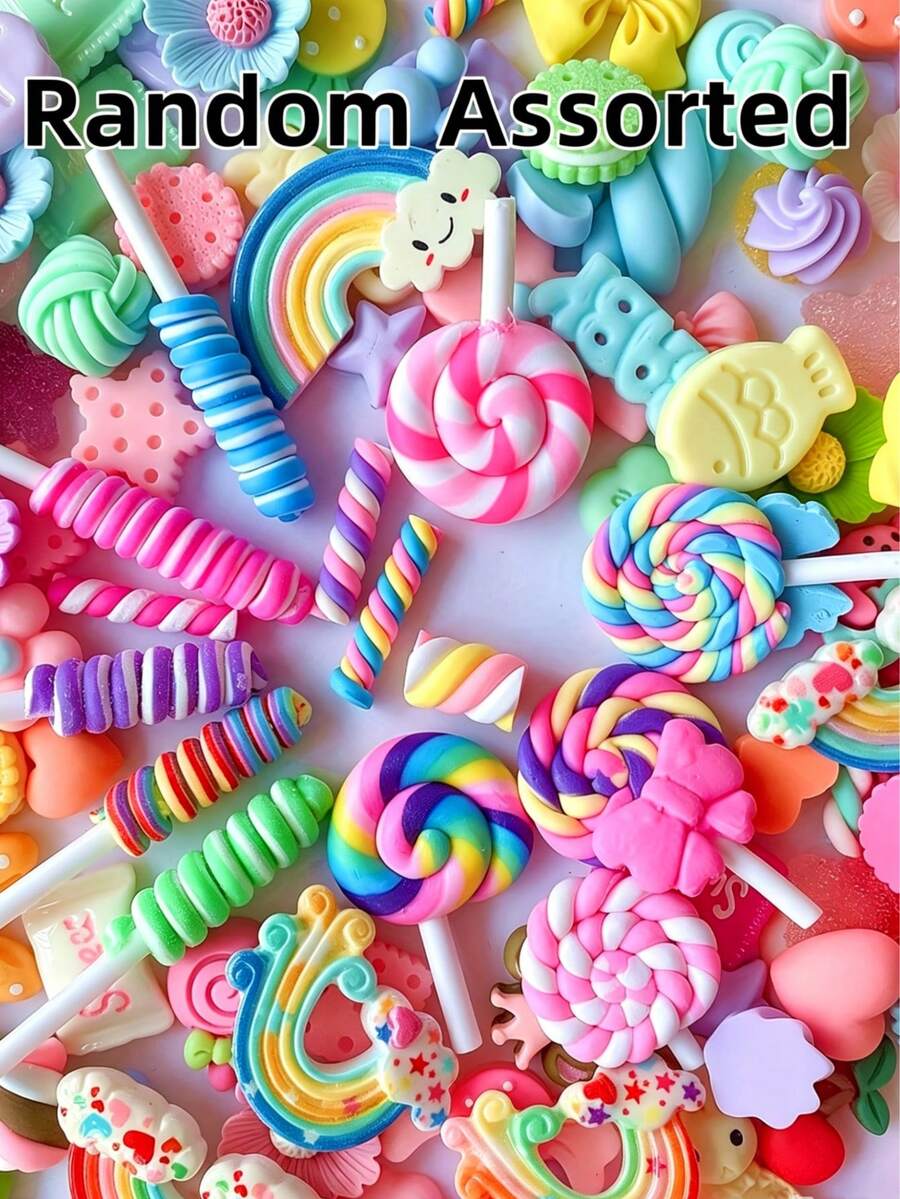 10/30/50/100pcs Macaron Color Lollipop Flower Bow Cute Resin Random Mixed Small Accessories Pendant Set, DIY Summer Phone Case Hair Clip 3D Sticker Handmade Decoration Material, Toy (Light Flaws Are Normal) - Multicolor - View 1