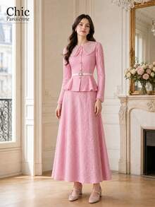 Light Blue Lace Peter Pan Collar Belted Maxi Dress Women Long Sleeve Modest Outfit - 粉色 - 查看 2