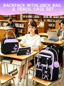 3 Pieces Set Bowknot (Detachable) Large Capacity Backpack, Tote Bag, Pencil Case, Polyester Adjustable Shoulder Strap Zipper Closure Back To School Gift - A - View 9