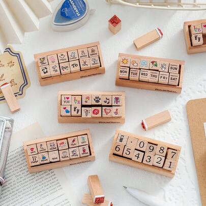12pcs/Set Aesthetic Mini Diary Wooden Stamps, Weekly Date & Weather Icon Wooden Stamps, Suitable For Planner, Card Making, Gift Wrapping, Handmade Crafts