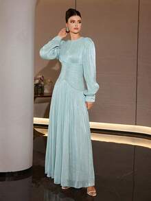 Women's Elegant Long Sleeve Round Neck Pleated Formal Dress, Flared Hem Woven Fabric Maxi Dress Wedding Party Fall - Mint Green - View 5