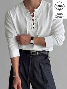WAIT HIM Men's 100% Cotton Casual Long Sleeve Shirt Half-Open Placket Braided Rope Spring/Autumn Slim Fit - White - View 2