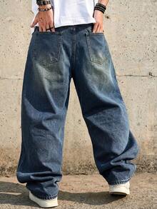 1 buah Celana Jeans Pria Model Longgar Kaki Lebar Gaya Vintage, Tidak Melar, Cocok untuk Pakaian Kasual & Kerja - Biru - View 2