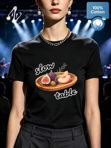 SLOW TABLE Aesthetic Fruit Foodie Print Cotton Women's Daily Crewneck Short Sleeve Tee - Black - View 1