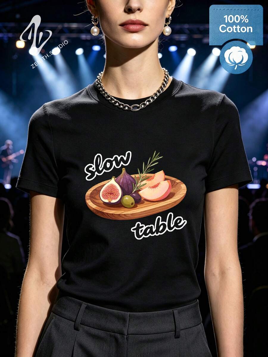 SLOW TABLE Aesthetic Fruit Foodie Print Cotton Women's Daily Crewneck Short Sleeve Tee - Black - View 1