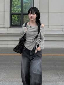 YCYC Gaya Korea Musim Gugur/Dingin Kaos Kasual Seksi Tanpa Bahu dengan Detail Kerut dan Tali Serut - Grey - View 5