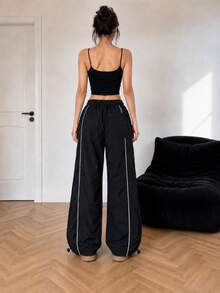 Women's Black Printed Colorblock Trim Wide Leg Casual Pants, Elastic Waist Drawstring Hem, Daily Street Style - Black - View 2