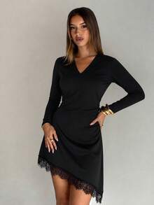 Elegant Black Knit Mini Dress, Long Sleeve, V-Neck, Asymmetric Contrast Lace Hem, Perfect Autumn Bodycon Style - Black - View 2