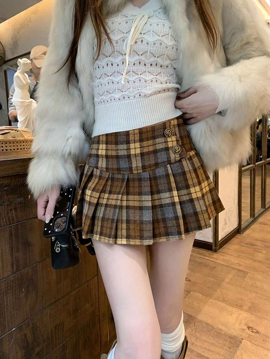 女款格紋百褶休閒百搭日常裙 - 布朗棕 - 查看 1