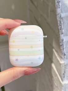 Contrast Color Line Star Pattern Protective Case Compatible With Apple Pods 4 Earphones, New Pods Pro 3 Protective Cover, Pro 3rd Gen Earphone Case, 2nd/3rd Gen Noise Cancelling Version, 3rd/4th Gen Korean Cute Style - White - View 4