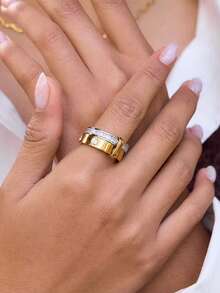Uself 2pcs/1pc Luxury 18k Gold & Silver Two-Tone Stainless Steel Rings, Women's Waterproof Design Statement Rings, Stackable Jewelry, Gift For Her - Multicolor - View 5