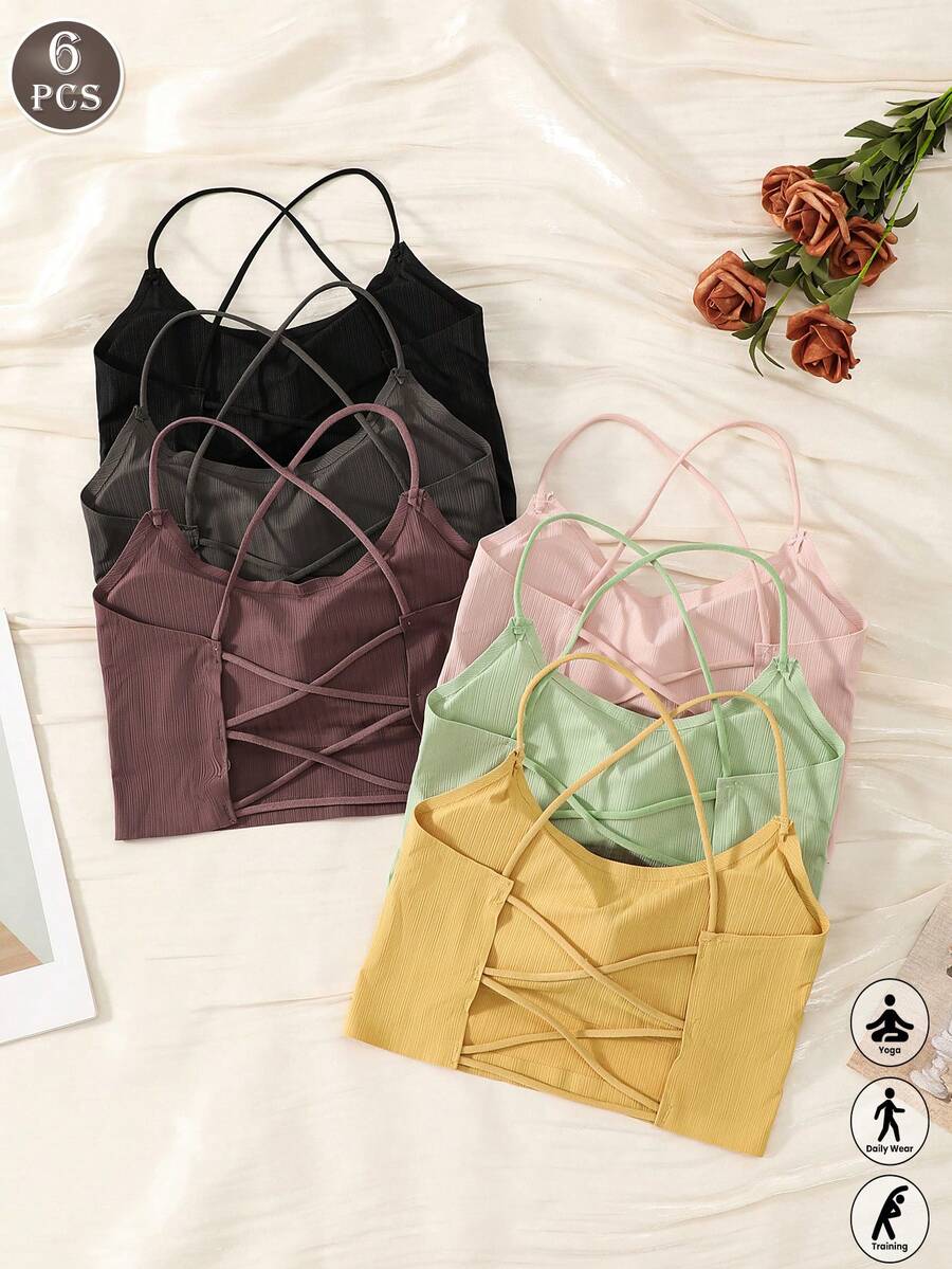 6PCS Ribbed Knit Criss Cross Back Sports Cami Bra, Thin Adjustable Straps Breathable Wireless Padded Yoga Workout Bralette - Multicolor - View 1