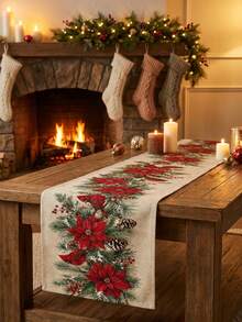 1pc Christmas Red Cardinal Poinsettia Print Table Runner, Pine Cone & Berry Table Runner, Suitable For Dining Table, Desktop, Fireplace Mantel, Living Room And Winter Holiday Decor - Multicolor - View 9