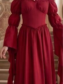 Vintage Medieval Court Style Women's European American Stage Performance Gentle Long Dress, Off-Shoulder Ruffle Bell Sleeve Dress - Red - View 5