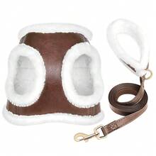 Autumn/Winter Thermal Lined Dog Harness And Leash Set, PU Leather Warm Pet Dog Harness And Leash - Brown - View 9