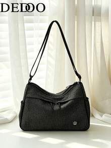 Dedoo Black Plaid Nylon Large Capacity Crossbody Bag With Drawstring, Casual Shoulder Bag, Lightweight Commuter Travel Student Handbag - Black and White - View 2