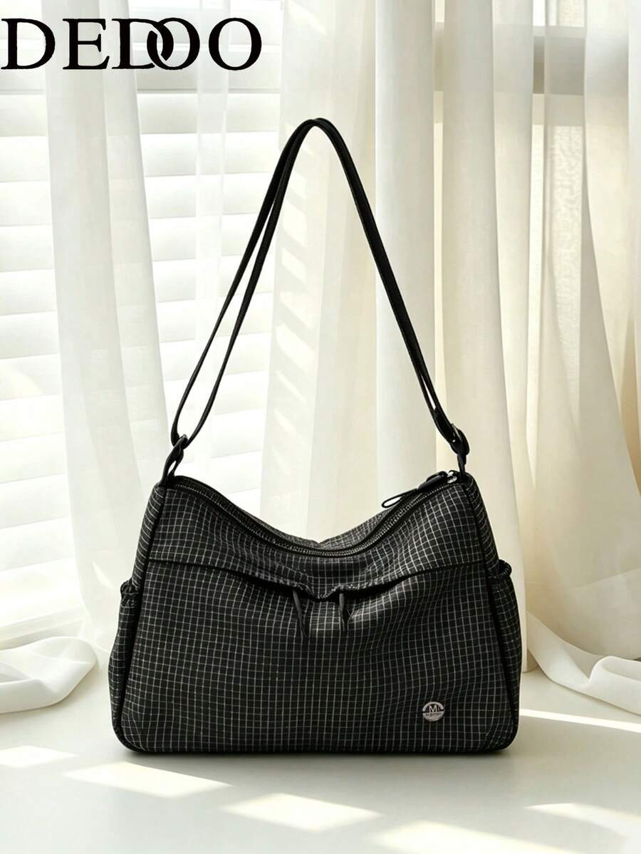 Dedoo Black Plaid Nylon Large Capacity Crossbody Bag With Drawstring, Casual Shoulder Bag, Lightweight Commuter Travel Student Handbag