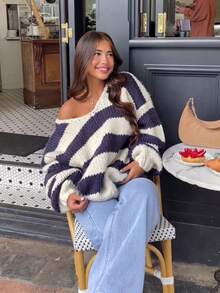 FOR BEAUTY Fall Winter Women Sweaters Y2K Elegant Chic Striped Off Shoulder Chunky Knit Oversized Sweater Tops Casual Party Going Out Outfits - Dark Blue and White - View 7