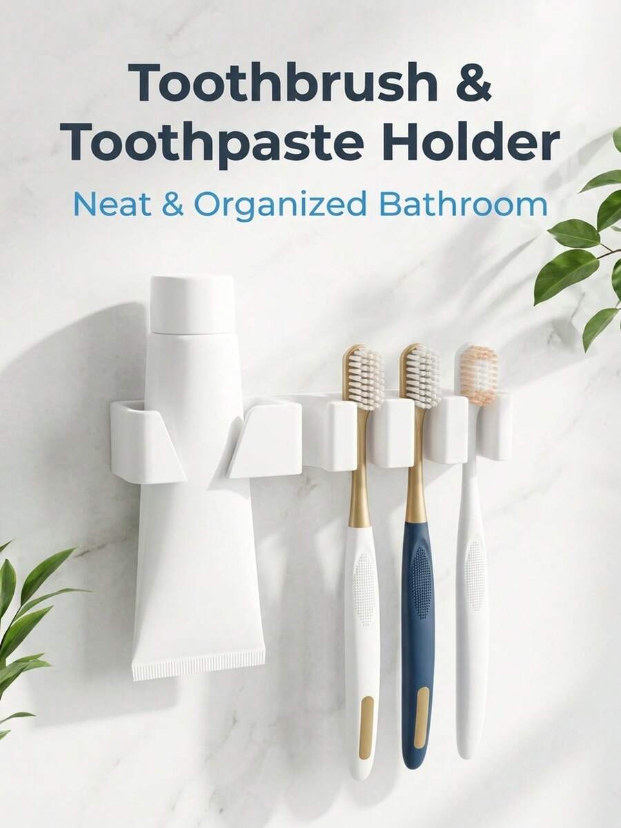 1pc No-Drill Wall-Mounted Toothbrush Holder, Bathroom Set Can Hold 4 Toothbrushes And 1 Toothpaste, Suitable For Bathroom, Dorm And Home Decor, Summer Home Bathroom Decoration, Creative Bathroom Organizer. Ideal For Organizing Toothbrushes, Combs, Razors And Other Bathroom Essentials. - Multicolor - View 1
