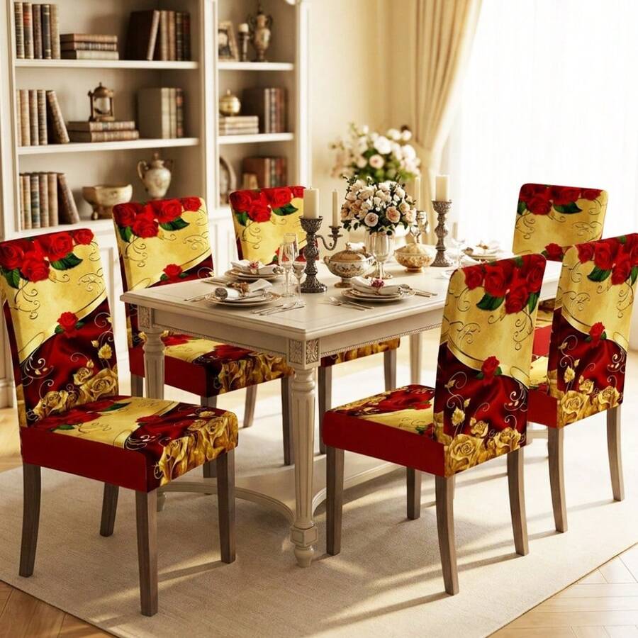 1/2/4/6/20 piezas, Fundas para sillas de comedor, Fundas de sillas de comedor de lujo europeo rojo & dorado con rosa, Protector universal para asiento de silla de comedor, Funda decorativa elegante y romántica para silla de comedor del hogar, Fundas para sillas de comedor desmontables & lavables, Regalo festivo, Regalo para el hogar