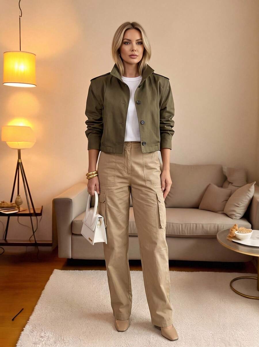 Women's Pocket Button Short Jacket, Suitable For Spring And Autumn Wear. New Autumn Short Casual Women Windbreaker - Army Green - View 1