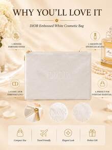 Dior Embossed White Makeup Bag, Sold Individually, Fine Texture With Smooth Zipper, Suitable For Daily Storage, Travel, And Gifting - White - View 5